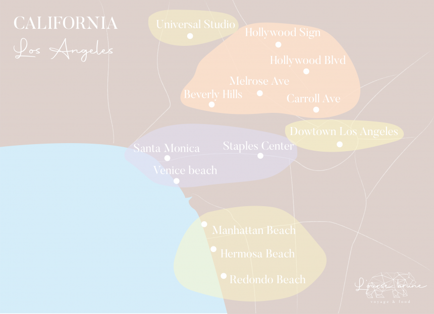 Carte des lieux incontournables à Los Angeles dans l'Ouest Américain