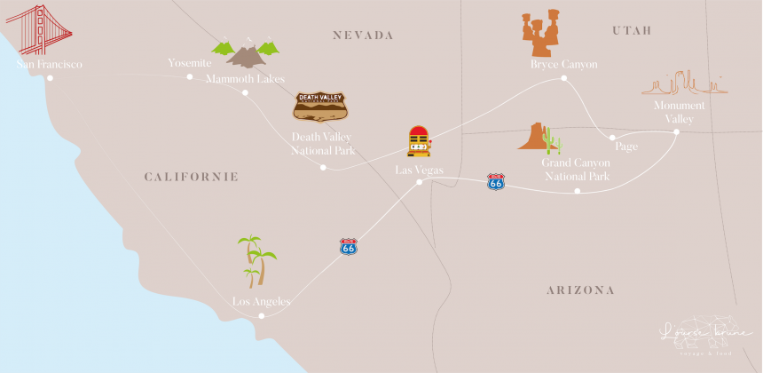Carte d'un road trip dans l'Ouest Américain