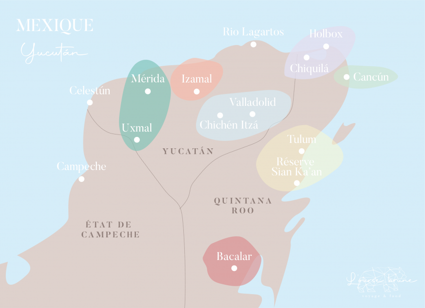 Carte itinéraire d'un road trip dans le Yucatan