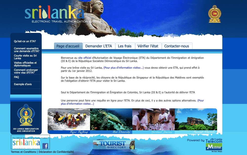 Capture d&#039;écran du site officiel du Sri Lanka pour la demande d&#039;ETA